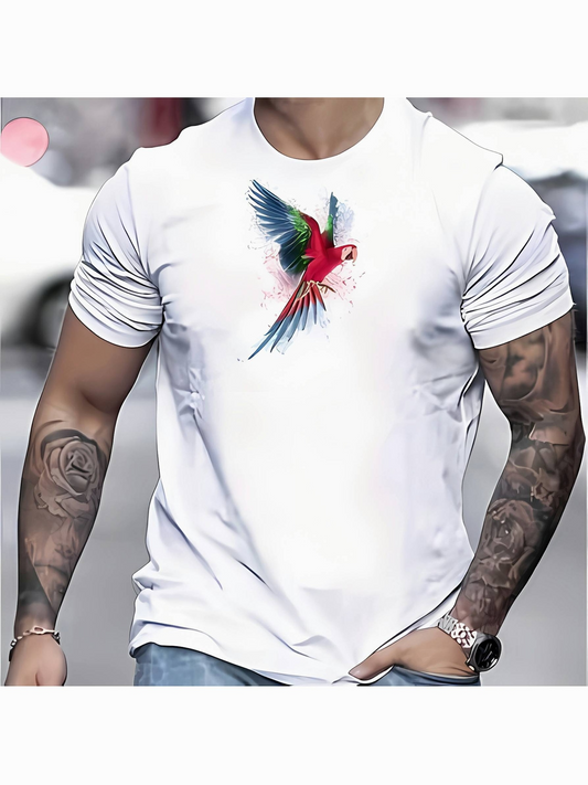 Men's Graphic T-Shirt Colorful Watercolor Feathers With Vibrant Energy Surrounding Flying Parrot