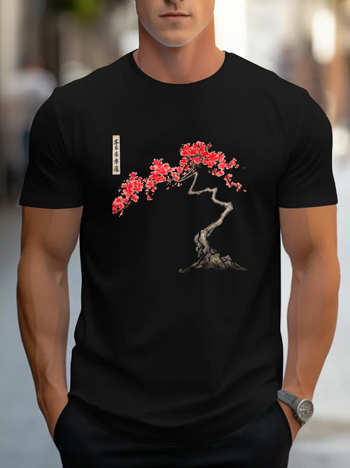 Men's Graphic T-Shirt Blooming Red Petals And Ancient Twisted Branch Under Bonsai Tree