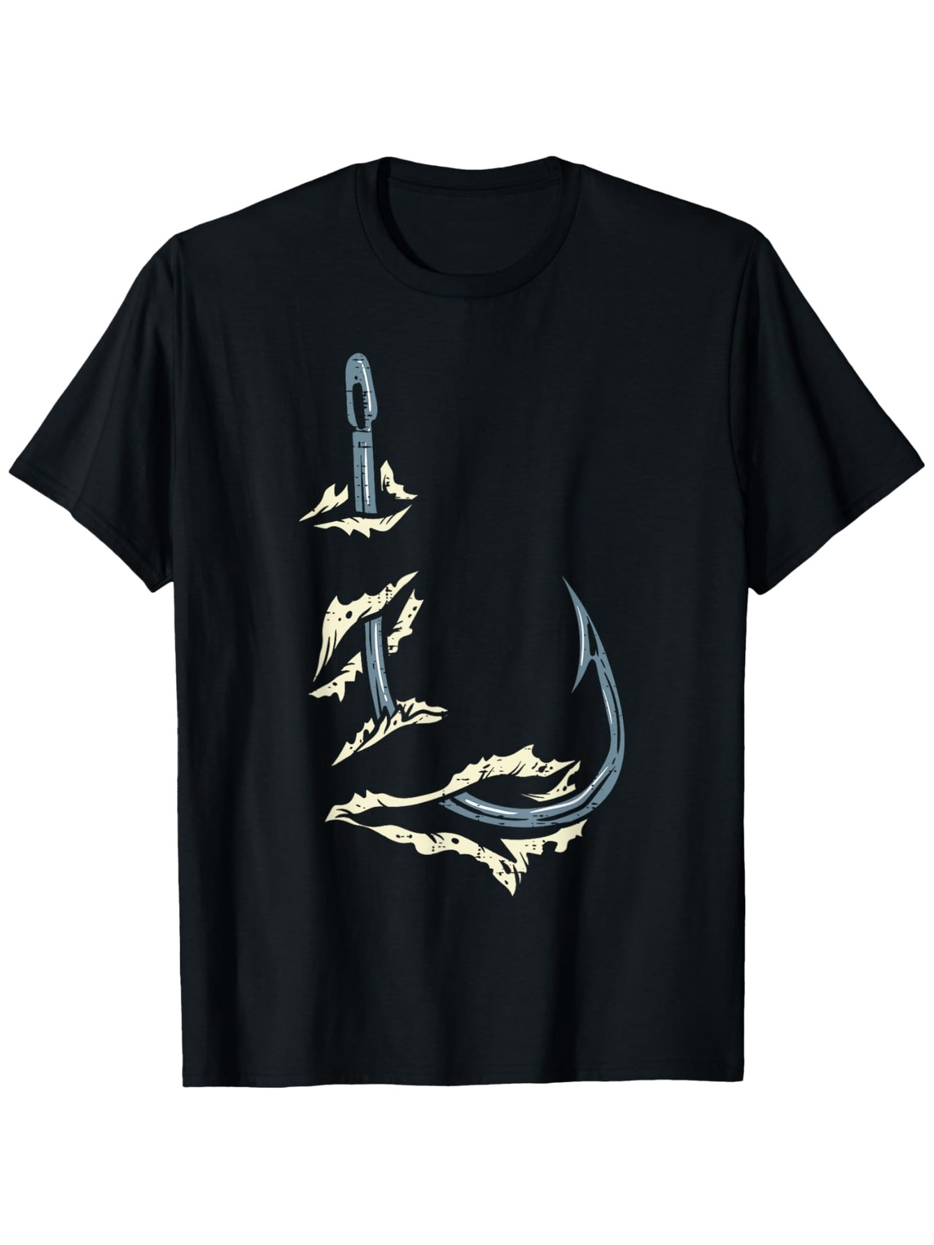 Men's Graphic T-Shirt Vintage Distressed Ripped Scratches With Metallic Chrome Fishing Hook