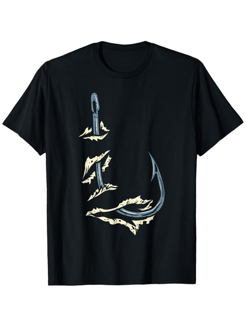 Men's Graphic T-Shirt Vintage Distressed Ripped Scratches With Metallic Chrome Fishing Hook