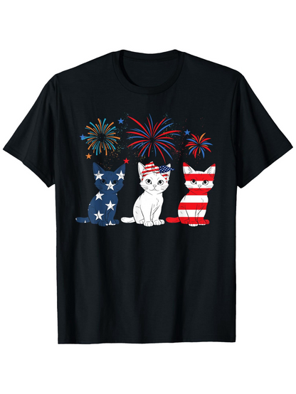 Men's Graphic T-Shirt Fireworks And Patriotic Cats In Red White And Blue Night Scene Cat