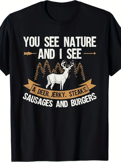 Men's Graphic T-Shirt You See Nature Jerky Steaks With Forest Pines Brown Banner And Deer