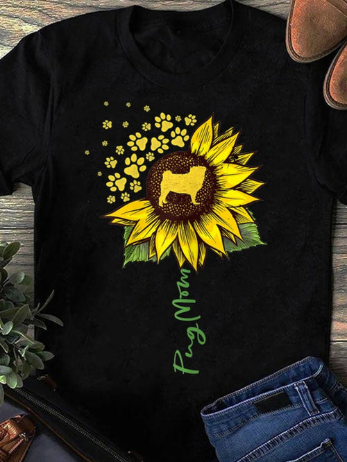 Men's Graphic T-Shirt Pug Mom Sunflower Bursting With Paw Prints Around Dog Silhouette
