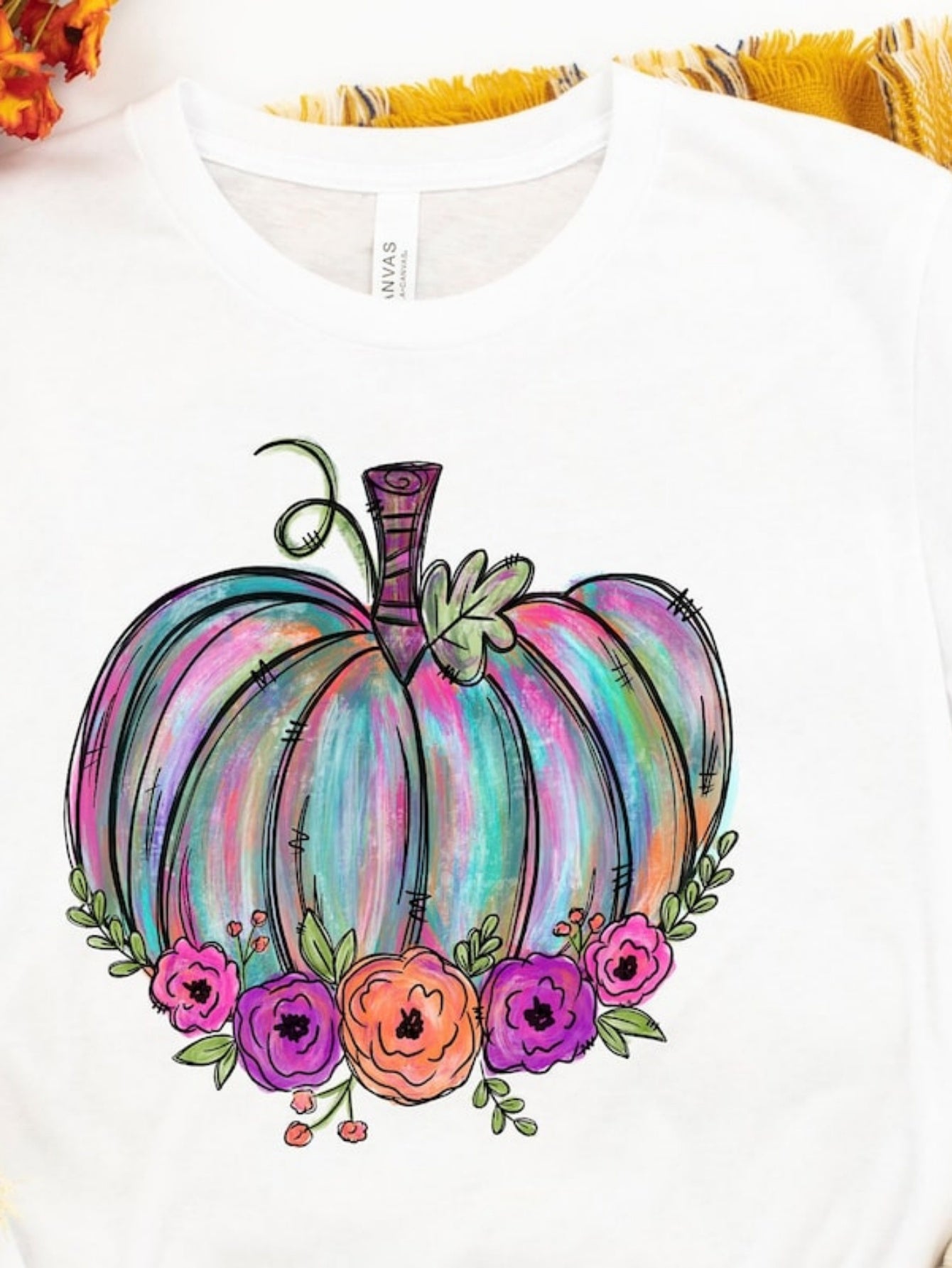 Men's Graphic T-Shirt Rainbow Striped Pumpkin With Watercolor Flowers At The Bottom Pumpkin