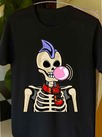 Men's Graphic T-Shirt Purple Mohawk Skeleton With Red Scarf Blowing Bubblegum