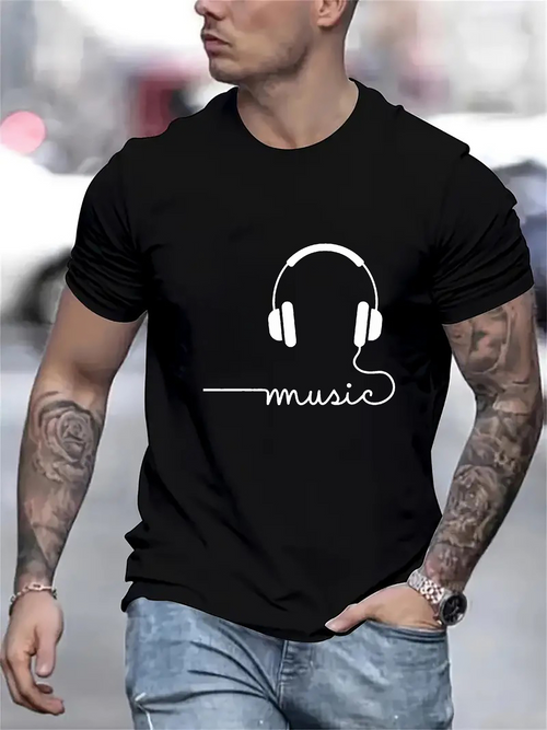 Men's Graphic T-Shirt Minimal Line Art Headphones With Elegant Wire Script Music