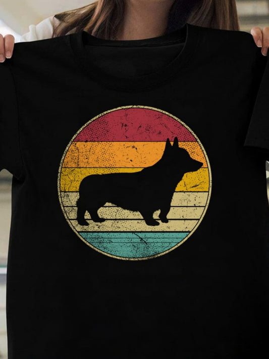 Men's Graphic T-Shirt Retro Stripes With Corgi Silhouette In Vintage Circle Dog