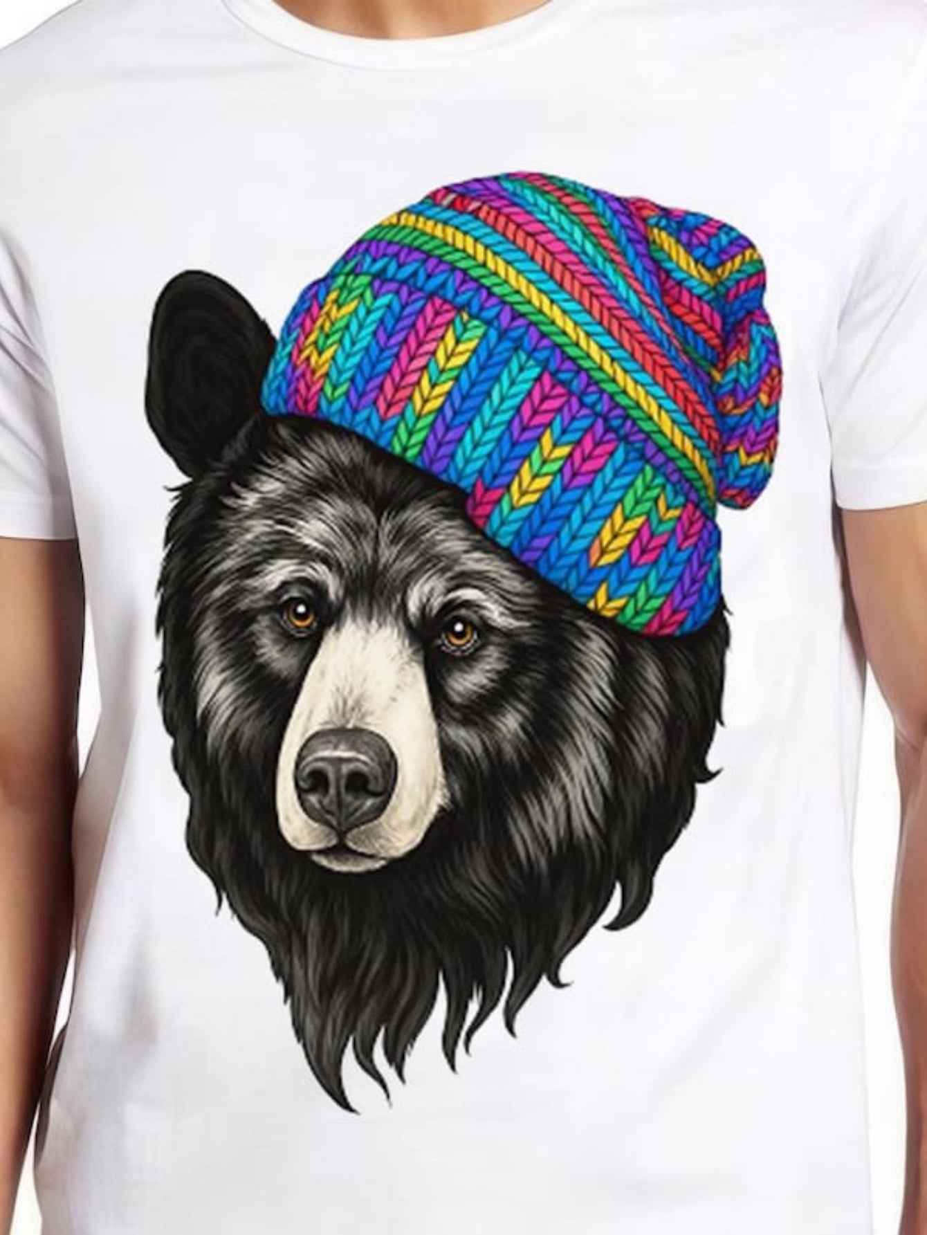 Men's Graphic T-Shirt Colorful Knit Pattern Hat On Realistic Shaggy Bear Portrait