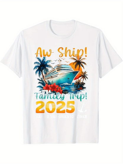Men's Graphic T-Shirt Aw Ship Family Trip 2025 Colorful Sunset Cruise Ship With Tropical Island Palms