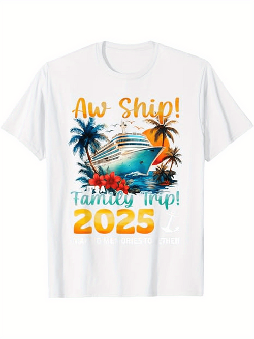 Men's Graphic T-Shirt Aw Ship Family Trip 2025 Colorful Sunset Cruise Ship With Tropical Island Palms
