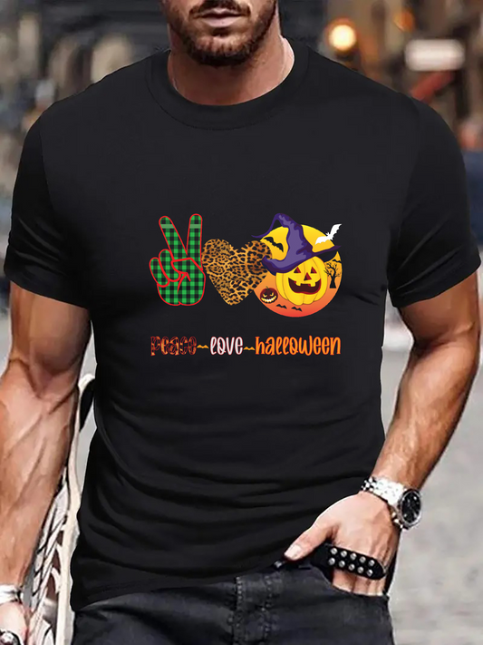 Men's Graphic T-Shirt Peace Love Halloween With Pumpkin And Plaid Pattern