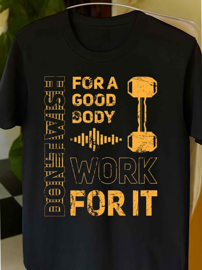 Men's Graphic T-Shirt Distressed Yellow Lettering With Dumbbell And Grunge Style Motivational Fitness T Shirt