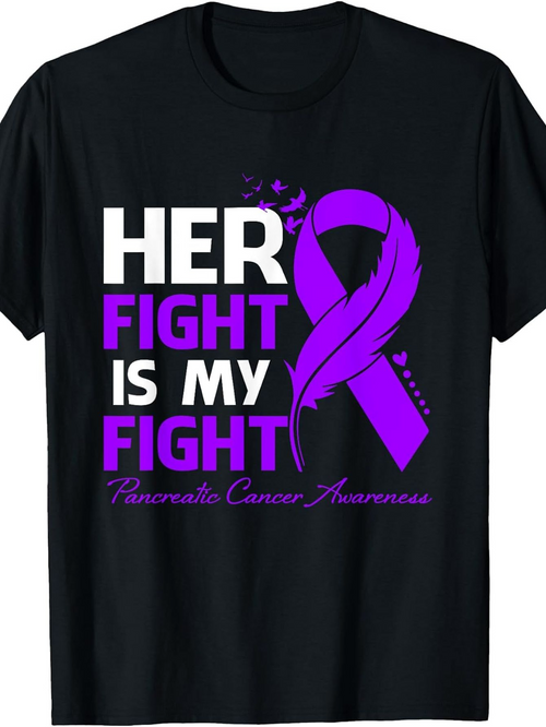 Men's Graphic T-Shirt Her Fight Is My Fight With Purple Ribbon And Feather On Black Shirt