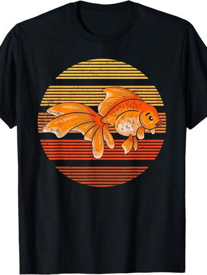 Men's Graphic T-Shirt Retro Sunset With Swirling Orange Water Among Glowing Ripples Goldfish