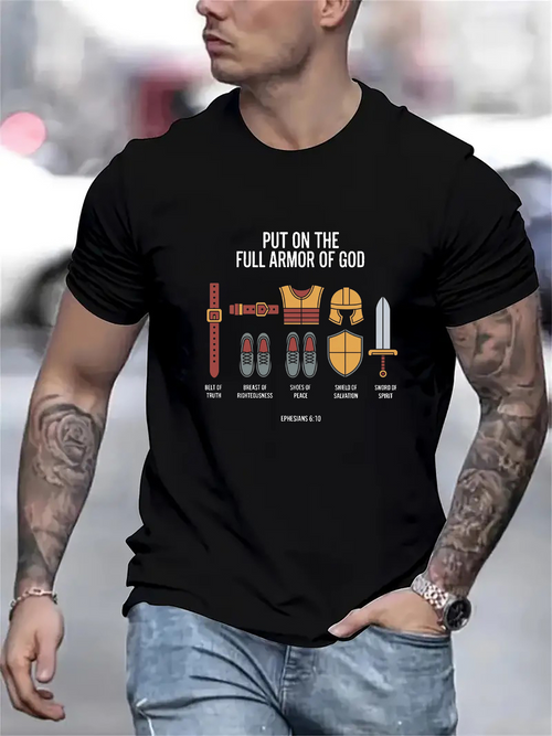 Men's Graphic T-Shirt Put On The Full Armor Of God With Shield Helmet Sword Belt And Sandals