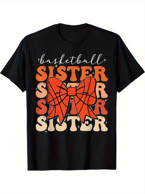 Men's Graphic T-Shirt Basketball Sister Vintage Letters With Orange Bow And Ball Motif