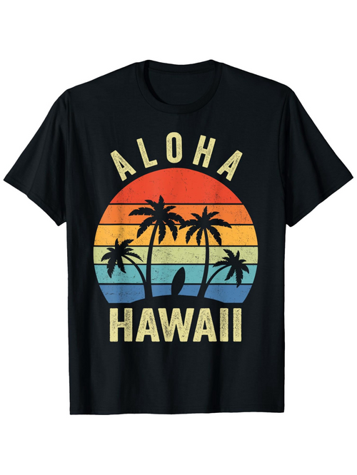 Men's Graphic T-Shirt Aloha Hawaii Sunset With Palm Trees And Surfer Under Vibrant Sky
