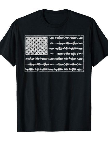 Men's Graphic T-Shirt Striped School Of Hammerhead Sharks Forming An American Flag Shark