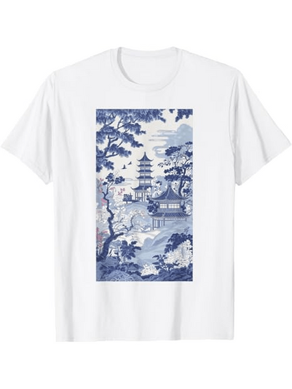 Men's Graphic T-Shirt Serene Blue Landscape With Trees Flowing Water And Distant Temple