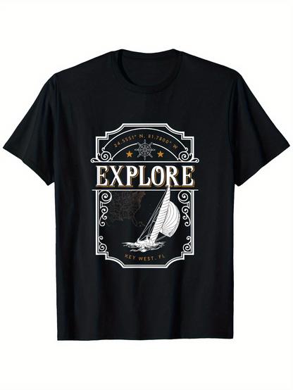 Men's Graphic T-Shirt Explore Vintage Nautical Label With Stars Sailboat Under Night Sky