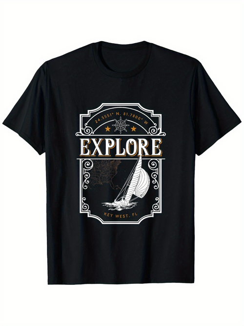 Men's Graphic T-Shirt Explore Vintage Nautical Label With Stars Sailboat Under Night Sky
