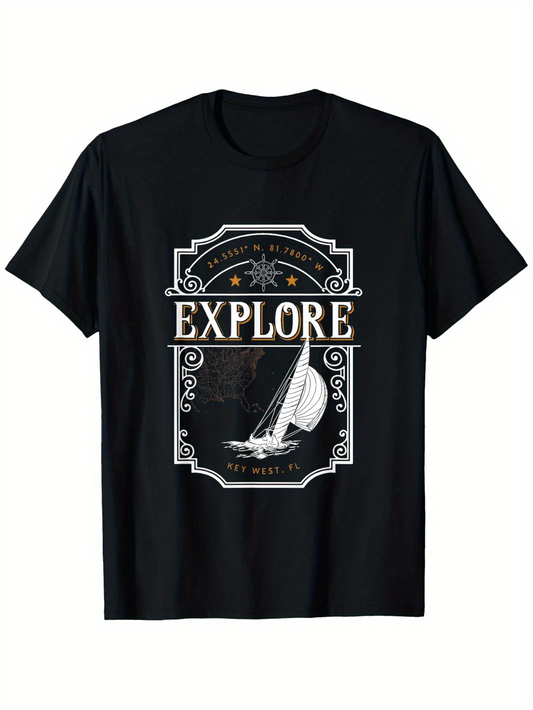 Men's Graphic T-Shirt Explore Vintage Nautical Label With Stars Sailboat Under Night Sky
