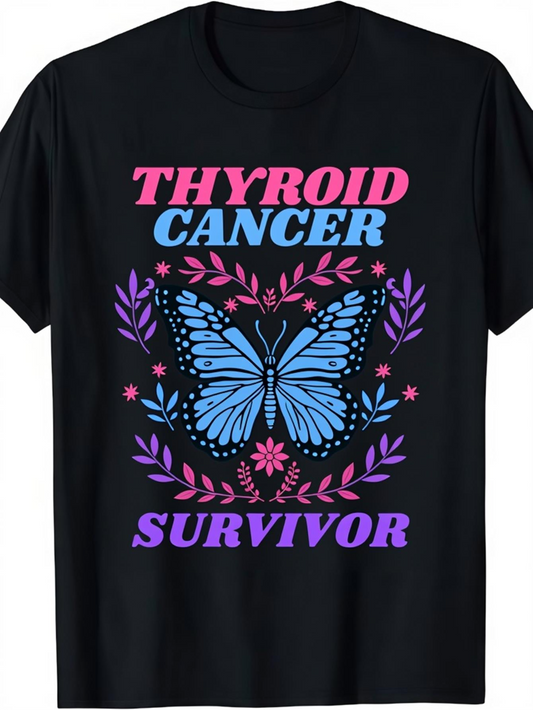 Men's Graphic T-Shirt Thyroid Cancer Survivor Blue Butterfly Surrounded By Purple Flowery Branches