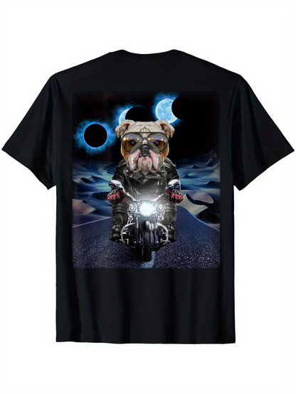 Men's Graphic T-Shirt Surreal Night Road With Bulldog Riding A Motorcycle Under Blue Crescent Moons