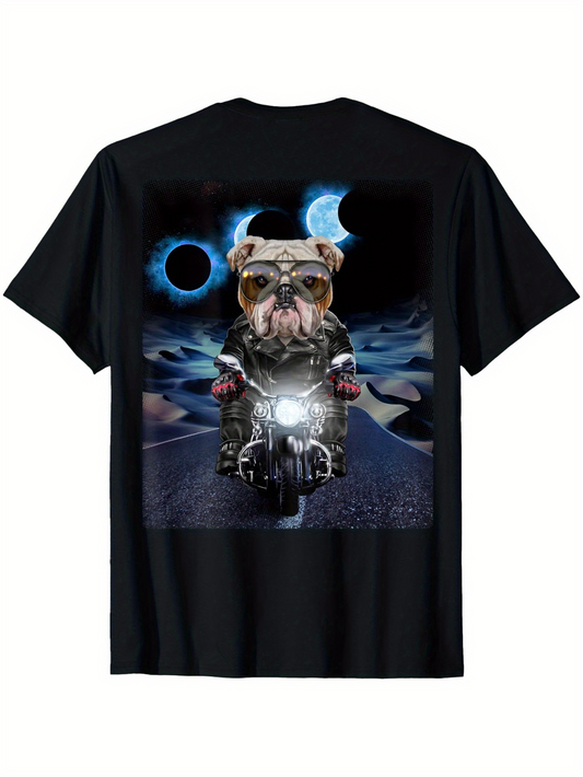Men's Graphic T-Shirt Surreal Night Road With Bulldog Riding A Motorcycle Under Blue Crescent Moons