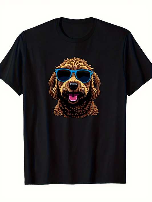 Men's Graphic T-Shirt Happy Brown Pup Wearing Blue Sunglasses Playful Summer Dog