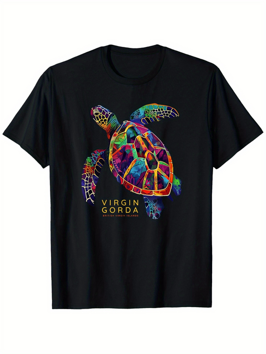 Men's Graphic T-Shirt Virgin Gorda Vibrant Watercolor Patterns Surrounding Majestic Sea Turtle