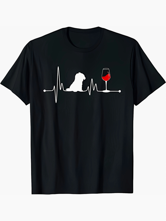 Men's Graphic T-Shirt Heartbeat Rhythm With Sitting Dog And Glass Of Red Wine Silhouette