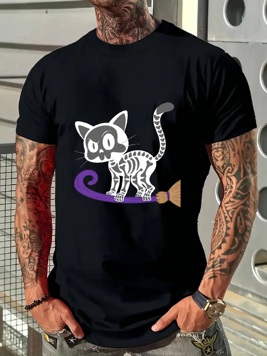 Men's Graphic T-Shirt Skeleton Cat With Purple Tail Standing Beside Brown Broom Cat