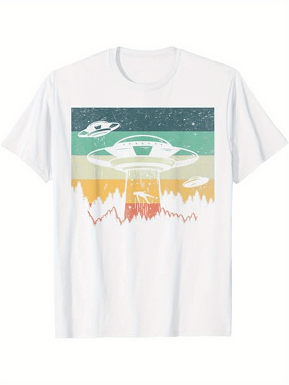 Men's Graphic T-Shirt Retro Colored Landscape With UFO Spaceships And Distant Forest Mountains