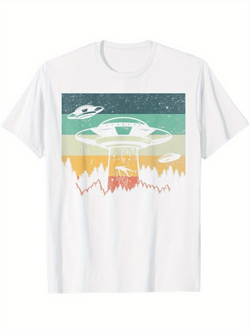 Men's Graphic T-Shirt Retro Colored Landscape With UFO Spaceships And Distant Forest Mountains