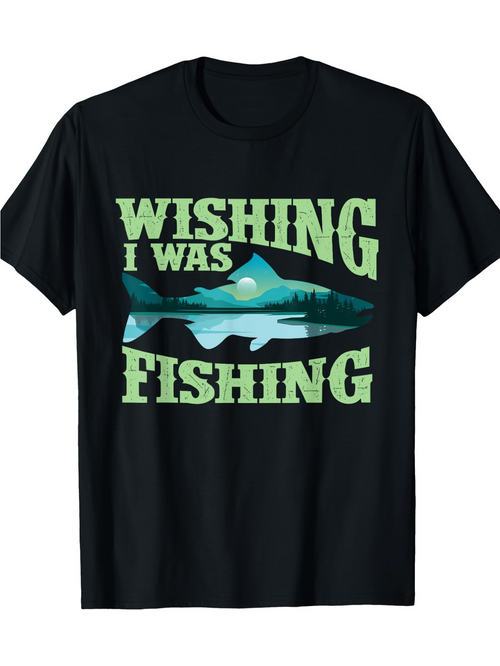 Men's Graphic T-Shirt Wishing I Was Fishing Lake Silhouette Under Full Moon With Jumping Fish