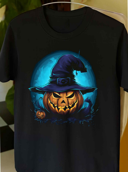 Men's Graphic T-Shirt Glowing Blue Halloween Night With Witch Hat Jack O Lantern Pumpkin