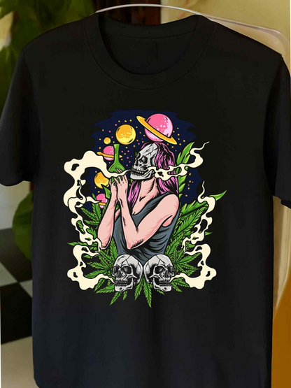 Men's Graphic T-Shirt Surreal Skeleton Woman Surrounded By Smoke Planets And Skulls