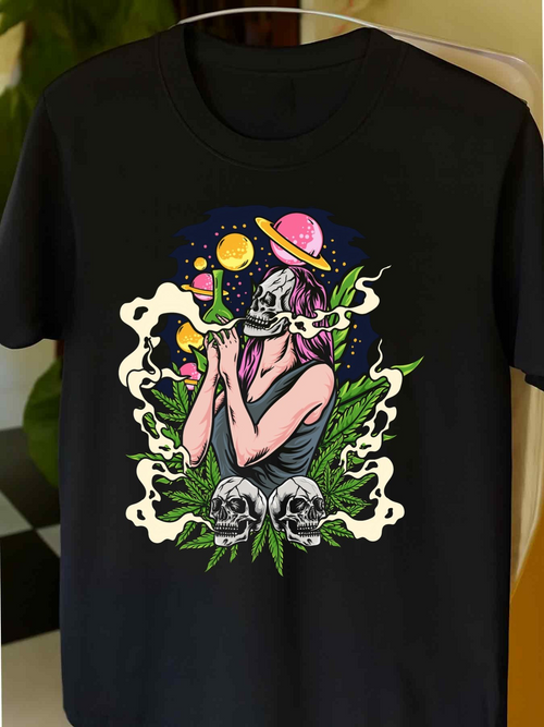 Men's Graphic T-Shirt Surreal Skeleton Woman Surrounded By Smoke Planets And Skulls