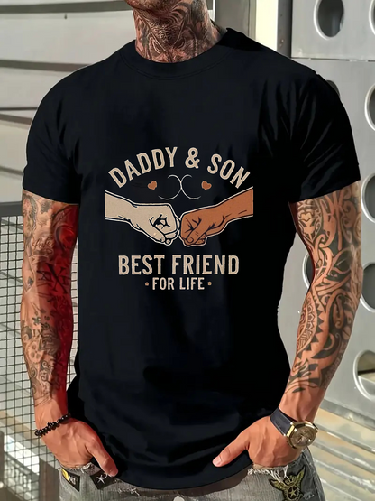 Men's Graphic T-Shirt Daddy And Son Best Friend For Life Fist Bump Under Heart With Stars Motif