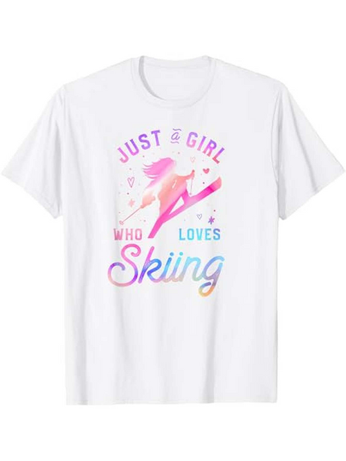Men's Graphic T-Shirt Just A Girl Who Loves Colorful Pastel Snowflakes With Skis Under Blue Sky Skiing