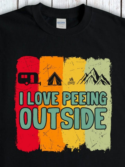 Men's Graphic T-Shirt I Love Peeing Outside With Colorful Brush Strokes Camping Tent Mountains And Sun