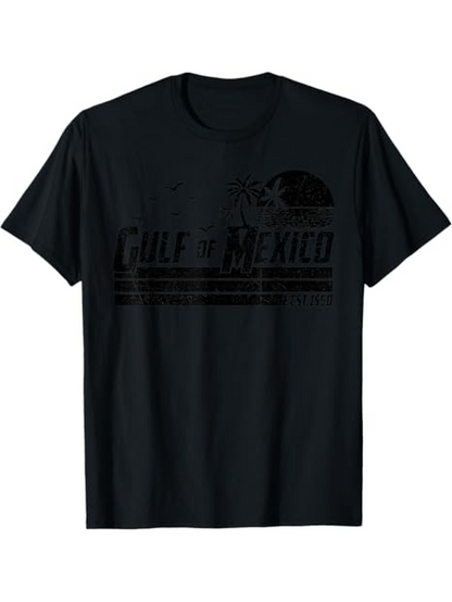 Men's Graphic T-Shirt Gulf Of Mexico Vintage Sun With Palm Trees And Water Ripples Beach
