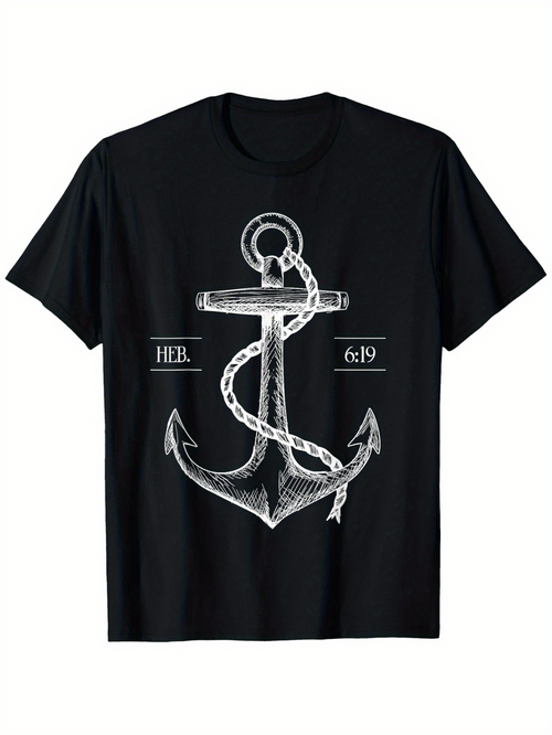 Men's Graphic T-Shirt Hand Drawn Nautical Rope Wrapped Anchor With Vintage Elements Anchor