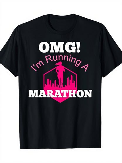 Men's Graphic T-Shirt OMG Im Running A Marathon Pink City Skyline Silhouette Of Female Runner