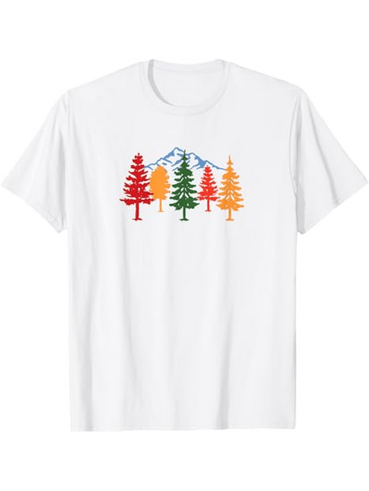 Men's Graphic T-Shirt Colorful Trees With Mountains Under Bright Blue Sky Forest