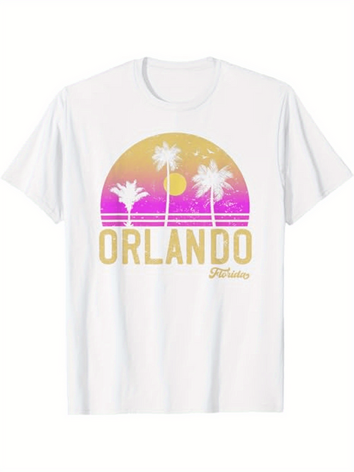 Men's Graphic T-Shirt Orlando Florida Vibrant Sunset Palms With Neon Horizon Design Under Sun