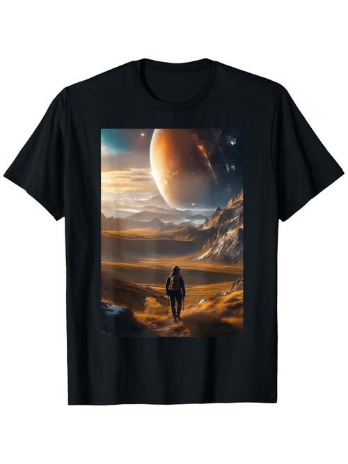 Men's Graphic T-Shirt Solitary Explorer Walking Under Vast Cosmic Planet