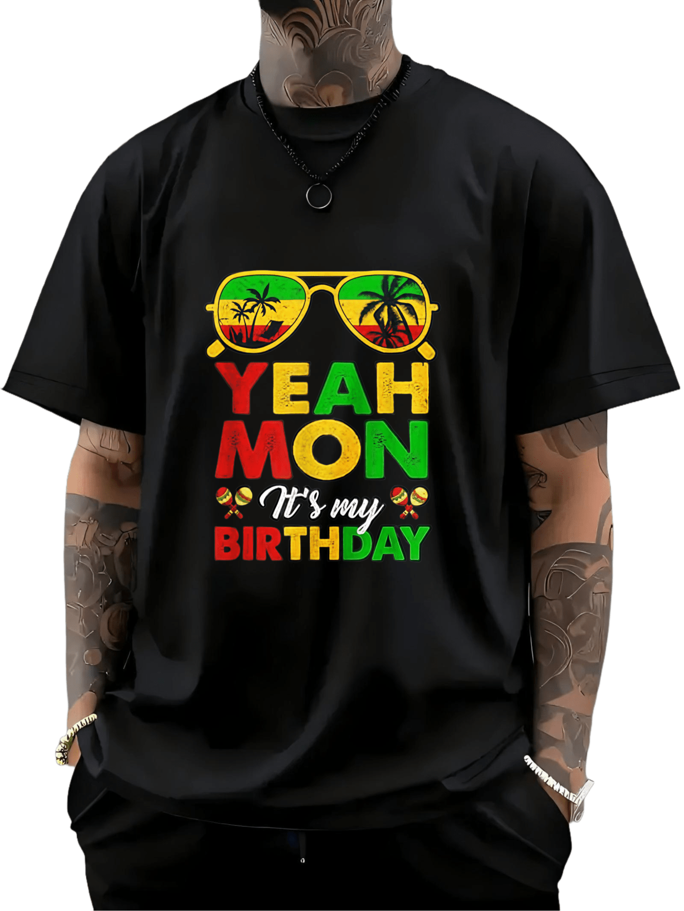 Men's Graphic T-Shirt Yeah Mon Its My Birthday Colorful Lettering With Tropical Sunglasses And Palm Trees