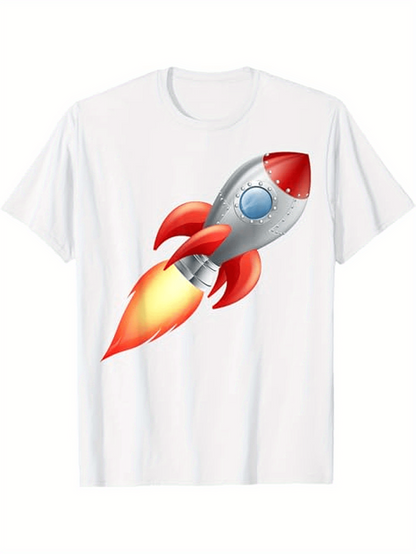 Men's Graphic T-Shirt Rocket With Metallic Texture Bright Flames And Cartoon Style Spaceship